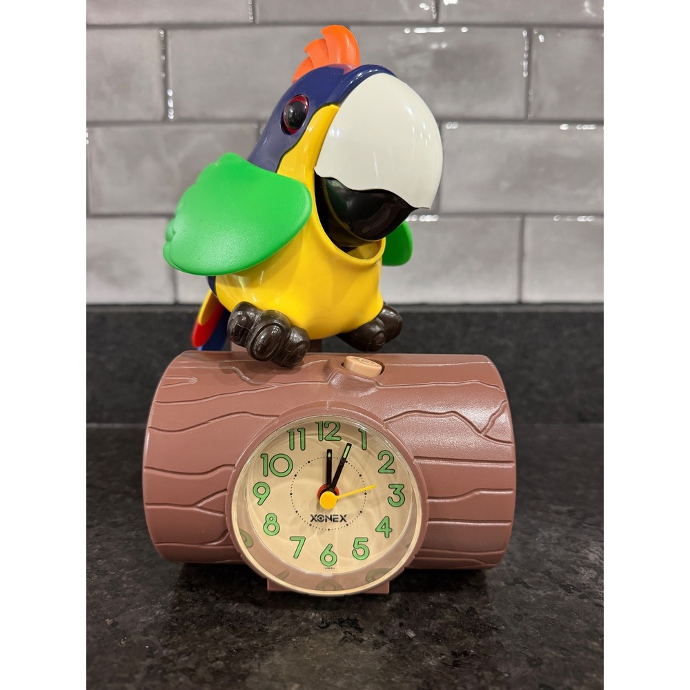 Xonex 1990s Parrot on Log Alarm Clock Tropical Bird Decor Works Vintage 1993
